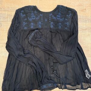Free People Sheer Navy Blouse with Embroidery